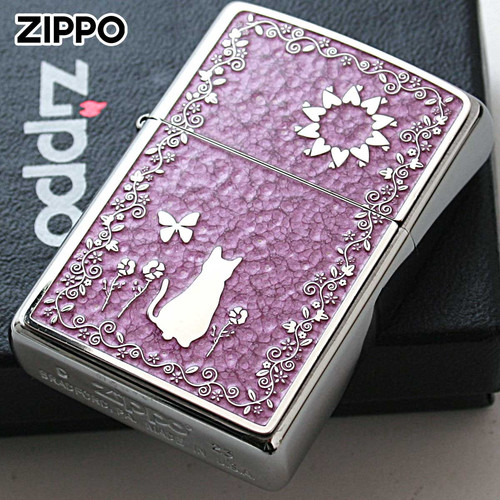 Zippo cat flower pink metal - cat,