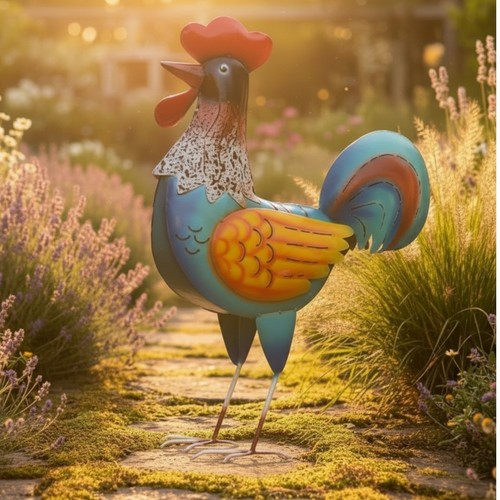 Hahn gartenfigur blau metall - gartenfigur,