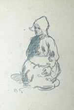 Holländerin mit Milch-Kessel Käserei Rudolf Gudden 1863-1935 Zeichnung 1900/1910