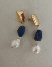 Riesige 16-17mm Natürlich Weiß Süßwasser Perle & Lapislazuli Ohrringe Drop