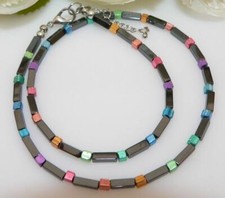 Würfelkette Halskette Hämatit schwarz Würfel rot grün blau mehrfarbig bunt 184i