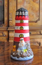 Windlicht Leuchtturm aus Keramik rot weiß 21 cm hoch