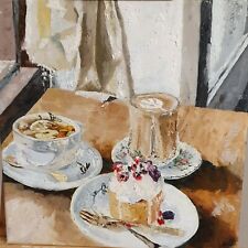 Bild " Frühstück im Café"  Ölgemälde selbst gemalt 40x40 weiße Leinwand