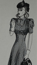 Triptychon 3 Blatt elegante Kleider- / Modezeichnungen Tusche auf Karton 1930er