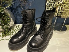 Plateau Damen Echt Leder Boots Stiefeletten Schnürboots Schwarz 39