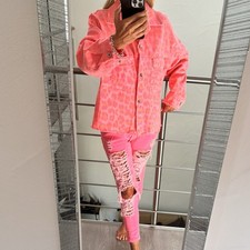 Jeans Jacke Jeansjacke Leo Style Ibiza Boho Damen Leojacke Stylish Leopard Rosa