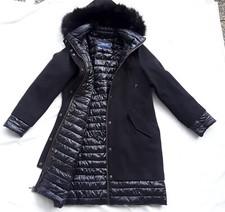 Lands End Stepp-Woll-Mantel schwarz gr  S Fell-Kapuze edel warm glanz wie neu