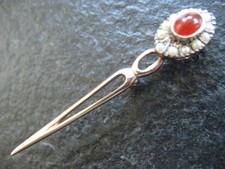 Krawattennadel Silber 925 vergoldet Vintage mit Perlen und Karneol Edelstein