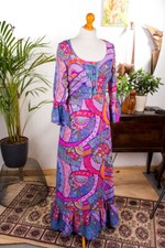%SALE% Vintage 60s 70s Hippie Maxikleid lang bunt lila JOBI Boho Schlager 36