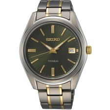 Seiko Titan grünes Zifferblatt zweifarbiges Armband Herren Quarz Dresswatch S...