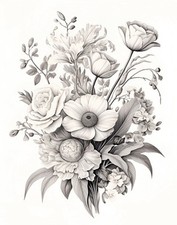 Monochromes Poster mit botanischer Blumenkunst - Schwarz-Weiß-Dekor gerahmt...