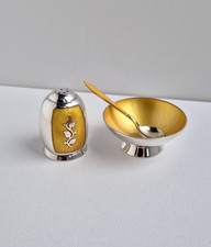 Saliere (Salz) mit Löffel & Pfefferstreuer 925 Sterling Silber & gelbe Emaille