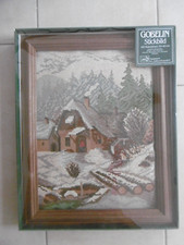 Stickerei Bild   Winterlandschaft Holzrahmen / Material ca. 30 x 40 Bildgröße