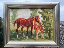 Kurt Glauber 1886-1963 " Stute mit Fohlen " Ölgemälde Pferd Hengst Pferdesport