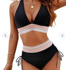 NEU! Bademode Strandmode Body Control Bikini schwarz bunte Glanzstreifen Gr. M