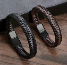 Herren Lederarmband Schwarz Edelstahl Männer Armband Wikinger Breit Biker