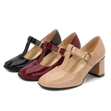 Damen Mary Jane Dicke Absatz Pumps High Heels T-Gürtel Freizeit Retro High Heels