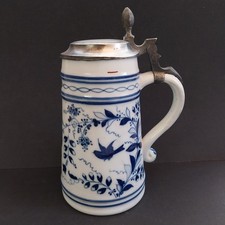 Porzellan Bierkrug mit Zinndeckel Blaue Vögel Hüttensteinach  Bodenbild