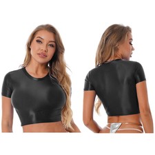 DE Damen Kurzarmshirt Transparent Oberteil Bauchfrei Crop Top Glänzend T Shirt