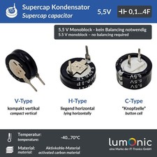 Supercap 0,1…4,0F 5,5V H/C/V-Type, direkt einsetzbarer EDLC, hohe Kapazität, 5,5