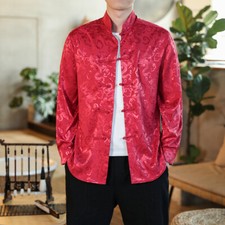 Herren Glänzend Jacquard Hemd Brokat Satin Kung Fu Jacke Chinese Retro Tai Chi