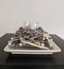 Dekokranz mit Kerzenglas und Eisbärkerze + Porzellan Platte/Schalle, Winter