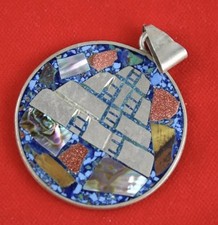 Goßer Chain Anhänger Bunt Perlmutt Maya Tempel XXL Zwei Seiten Medaillon 27g