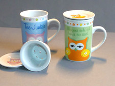 2er Set°Teetasse,Teebecher mit Sieb+Deckel°"Tee Junkie""Morgens..." Motiv: Eule