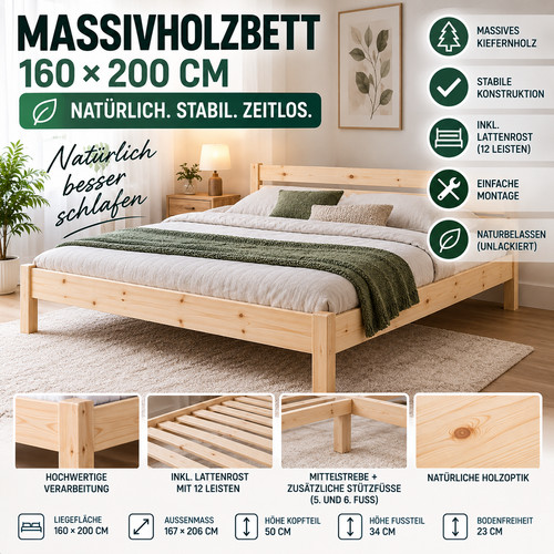 Massivholzbett 160x200 kiefer - massivholzbett,