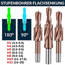 Stufenbohrer 90° / 180°, Flachsenkung M3, M4, M5, M6, M8, M10, M12