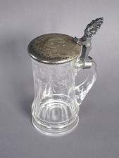 Alter Bierkrug Kristall-Glas mit Silber-Deckel, 0,4L, um 1900, Antik Vintage