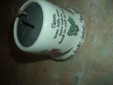 Seltene antike Spardose, Sparbüchse Sparkasse  Porzellan - mit Spruch