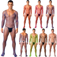 DE iEFiEL Sexy Herren Transparent  Fischnetz Bodystockings Langarm Netz Bodysuit