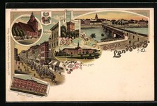 Lithographie Landsberg a. W., Artillerie-Kaserne, Irren-Anstalt, Richt-Strasse 