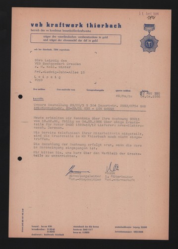 Espenhain brief 1986 - 1986,, veb