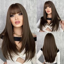Long Straight Braun Kostümperücke With Bangs Damen Hitzebeständiges Kunsthaar