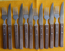 6x Gabel + Messer, Holzgriff, Steakmesser, Essbesteck, gebraucht
