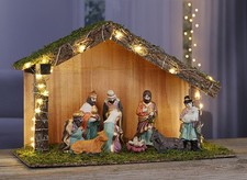 Weihnachtskrippe mit 9 Figuren ca. 40 x 16 x 25,5cm Porzellan Moos Holz Batterie