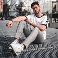 ADIDAS 3-STRIPES TEE SHIRT L BLUE & WHITE