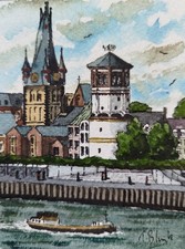 ORIGINAL AQUARELL - Lambertuskirche, Schloßturm und Rhein in Düsseldorf.