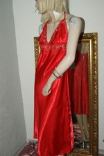 Langes SATIN Glanz Negligee Lingerie Nachtkleid GLUTROT Spitze S