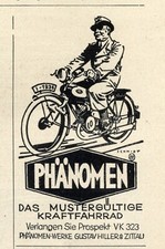 Phänomen Kraftfahrrad Zittau Reklame 1936 Motorrad Hiller Werke Werbung
