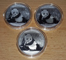 3 x China 1 Oz 10 Yuan Panda 2015 Silber in Kapsel