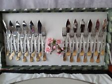 Fischbesteck, 12 Personen, mit Edelstahlplatte, Gottinghen 18/10, teilvergoldet