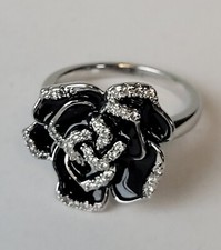 Schöner Ring schwarz Rose Blume versilbert? Emaille Schmuck Gr. 55 ( 17,5 ) Neu