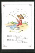 Künstler-AK Liesel Lauterborn: Knabe mit Strohhut beim Angeln 