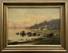 GUSTAV HOLMBOM 1859-1946 SPÄTROMANTIKER KÜSTENLANDSCHAFT FJORD FISCHERHAUS BOOT 