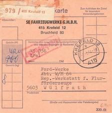 131172) Auto Paketkarte Krefeld Fahrzeugwerke 1974, Selbstbucher, R1 Nachgebühr