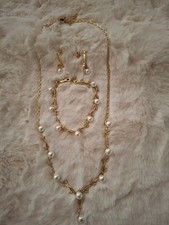 Hochzeit Schmuck-Set, Kette, Armband, Ohrringe, "golden mit weißen Perlen ", neu