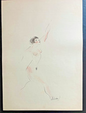 max Schwimmer, akt auf Schlittschuh, Original-Zeichnung, Frauenakt, aquarelliert